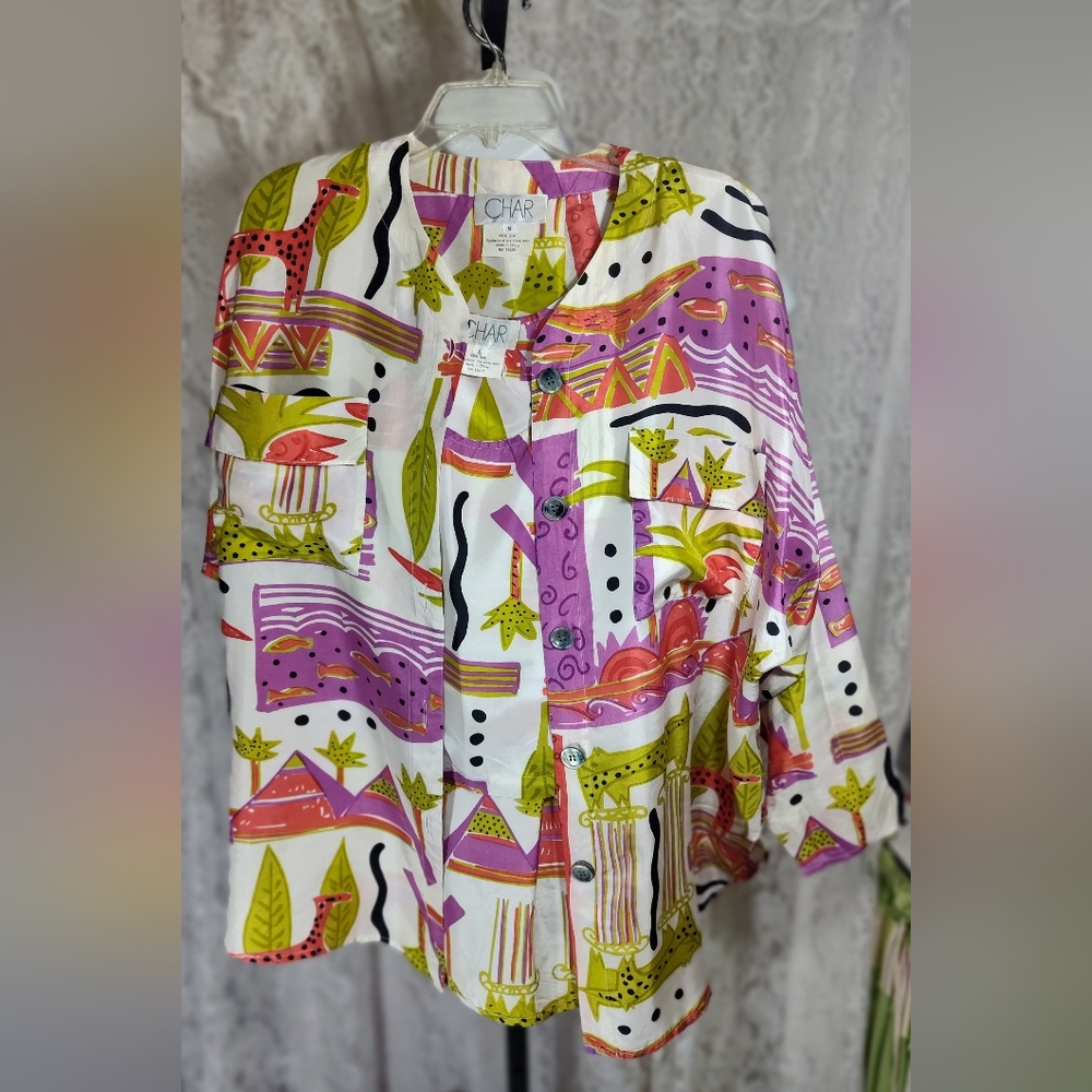 Char Boutique Vintage  Silk Purple Green Orange Multi Abstract Top & Tank Set